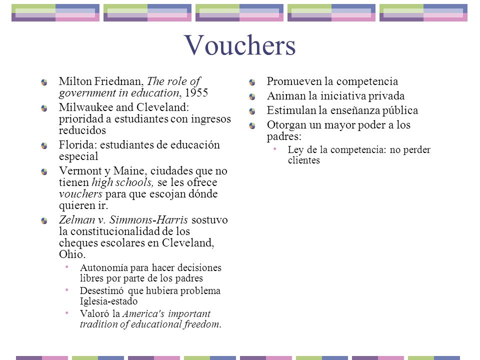 Vouchers Milton Friedman, The role of government in education, 1955