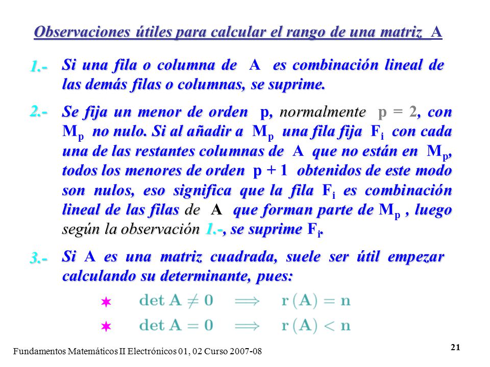 Observaciones útiles para calcular el rango de una matriz A