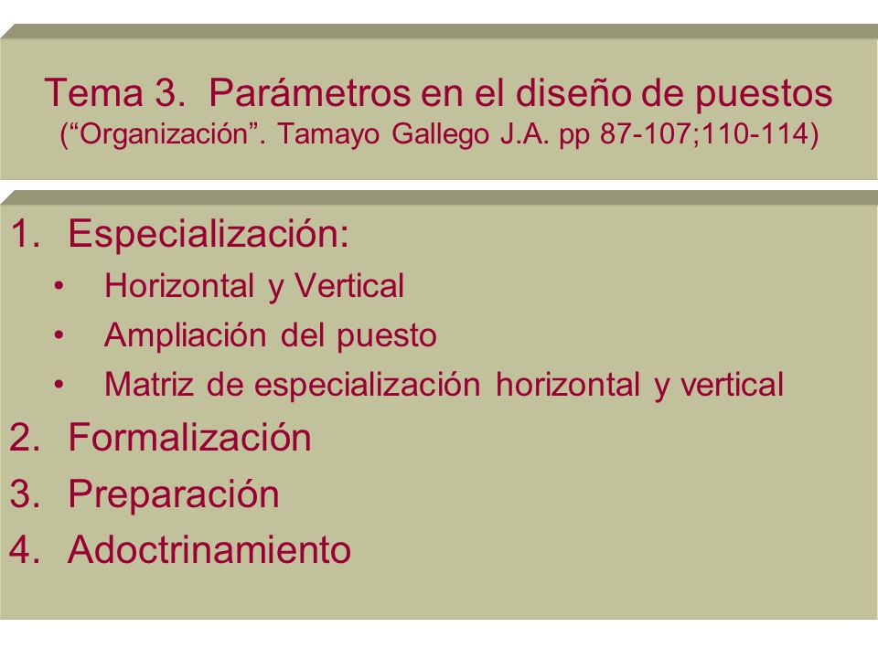 Tema 3. Parámetros en el diseño de puestos ( Organización