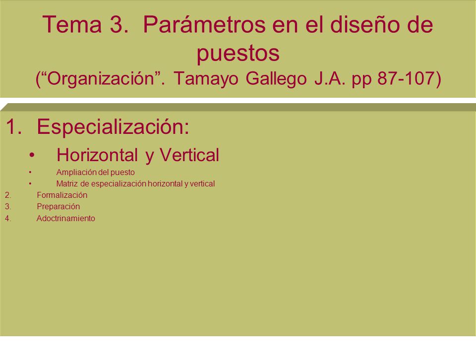 Tema 3. Parámetros en el diseño de puestos ( Organización