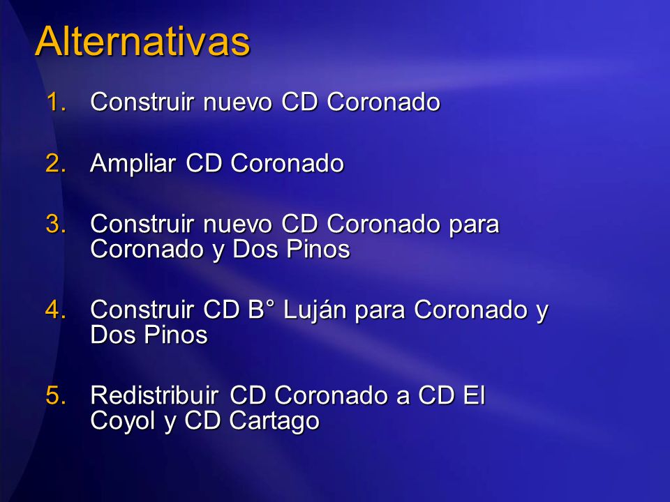 Alternativas Construir nuevo CD Coronado Ampliar CD Coronado