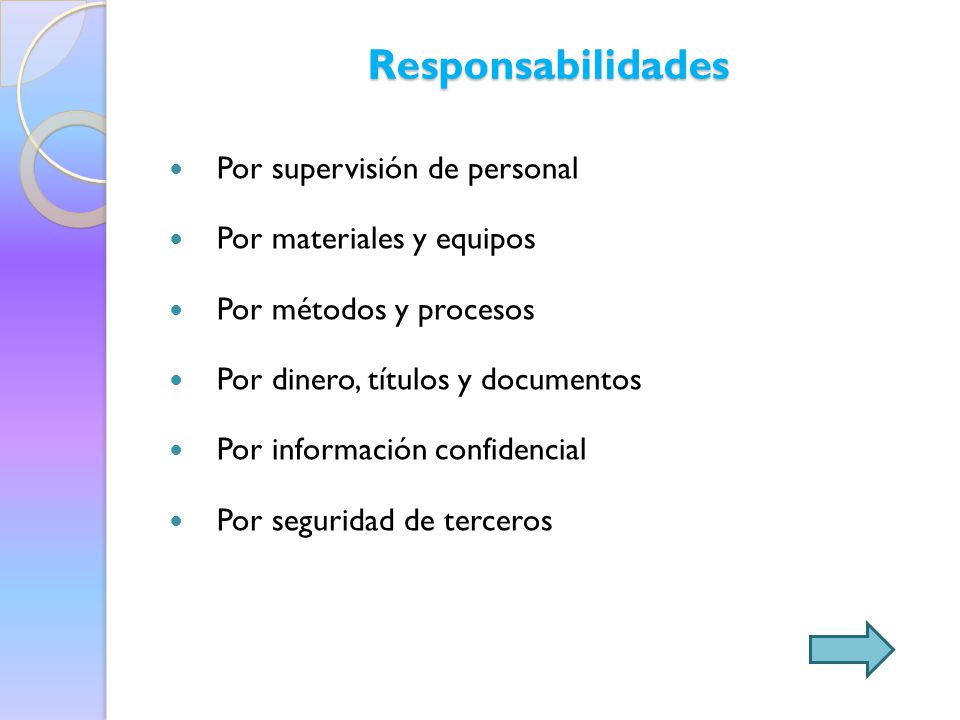 Responsabilidades Por supervisión de personal Por materiales y equipos