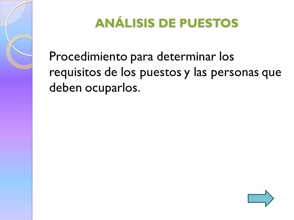 ANÁLISIS DE PUESTOS Procedimiento para determinar los requisitos de los puestos y las personas que deben ocuparlos.