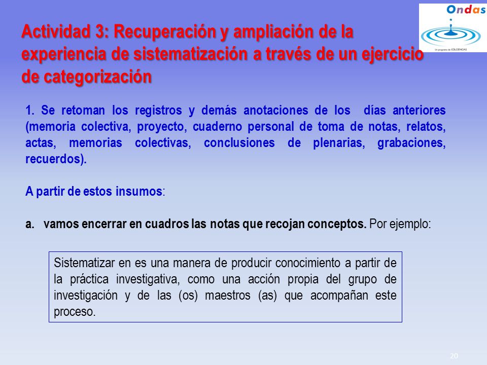 Actividad 3: Recuperación y ampliación de la experiencia de sistematización a través de un ejercicio de categorización