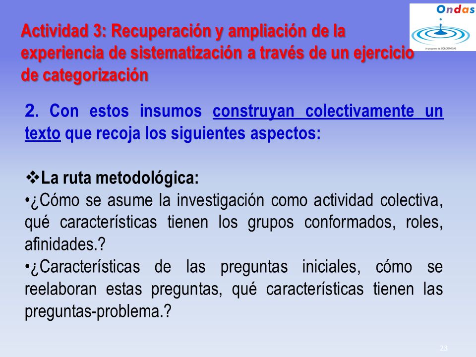 Actividad 3: Recuperación y ampliación de la experiencia de sistematización a través de un ejercicio de categorización