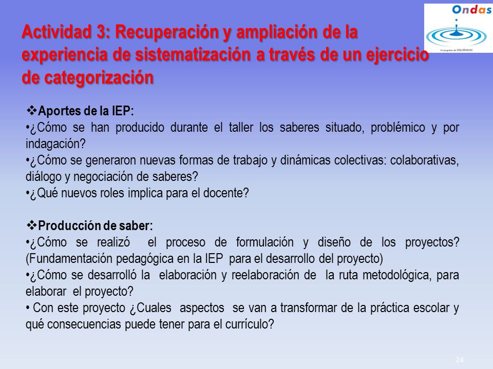 Actividad 3: Recuperación y ampliación de la experiencia de sistematización a través de un ejercicio de categorización