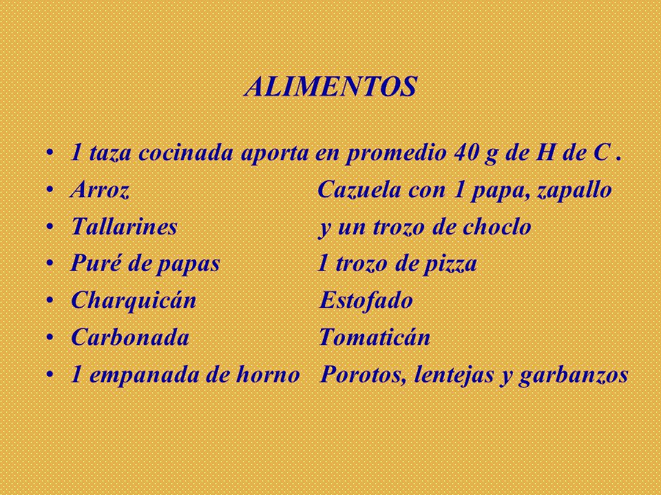 ALIMENTOS 1 taza cocinada aporta en promedio 40 g de H de C .