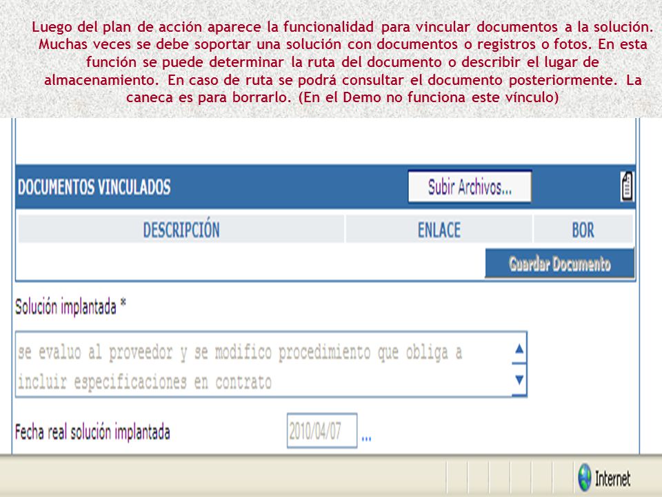 Luego del plan de acción aparece la funcionalidad para vincular documentos a la solución.