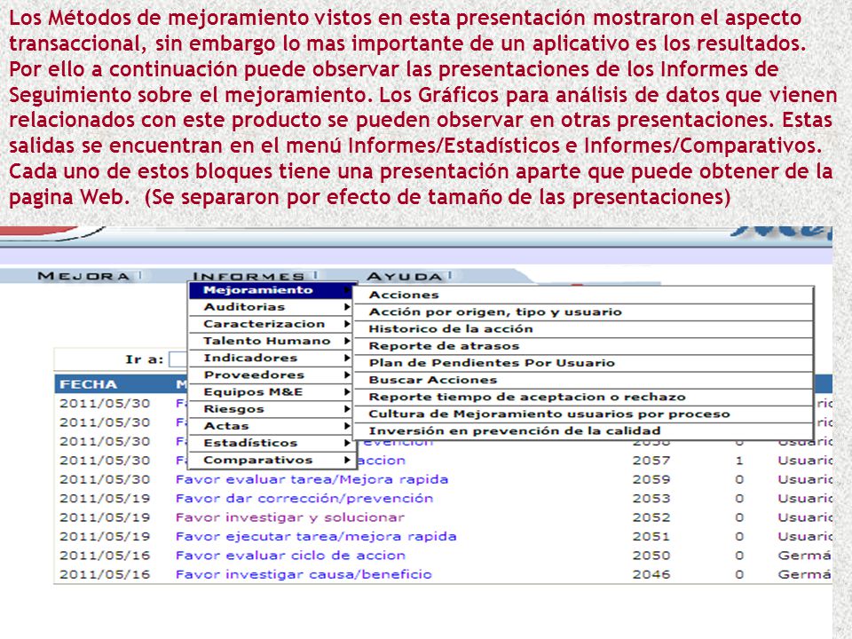 Los Métodos de mejoramiento vistos en esta presentación mostraron el aspecto transaccional, sin embargo lo mas importante de un aplicativo es los resultados. Por ello a continuación puede observar las presentaciones de los Informes de Seguimiento sobre el mejoramiento. Los Gráficos para análisis de datos que vienen relacionados con este producto se pueden observar en otras presentaciones. Estas salidas se encuentran en el menú Informes/Estadísticos e Informes/Comparativos.