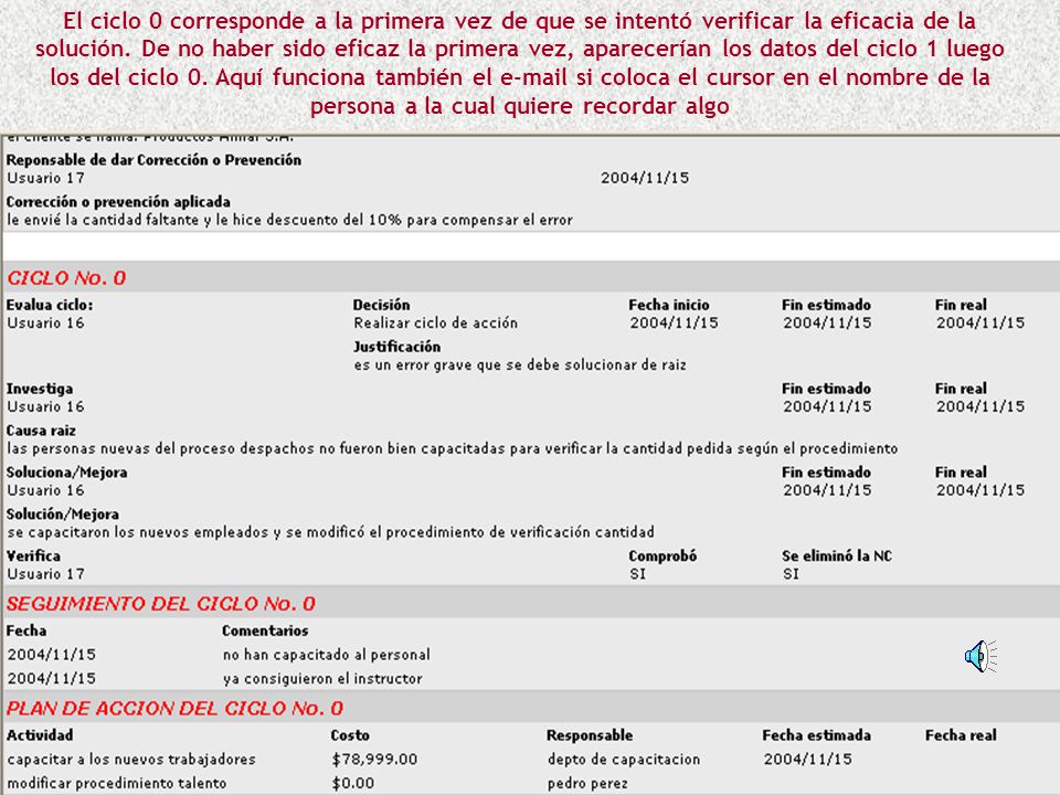 El ciclo 0 corresponde a la primera vez de que se intentó verificar la eficacia de la solución.