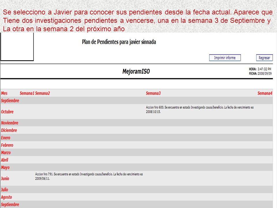 Se selecciono a Javier para conocer sus pendientes desde la fecha actual. Aparece que