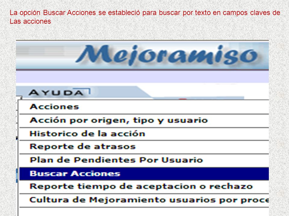 La opción Buscar Acciones se estableció para buscar por texto en campos claves de
