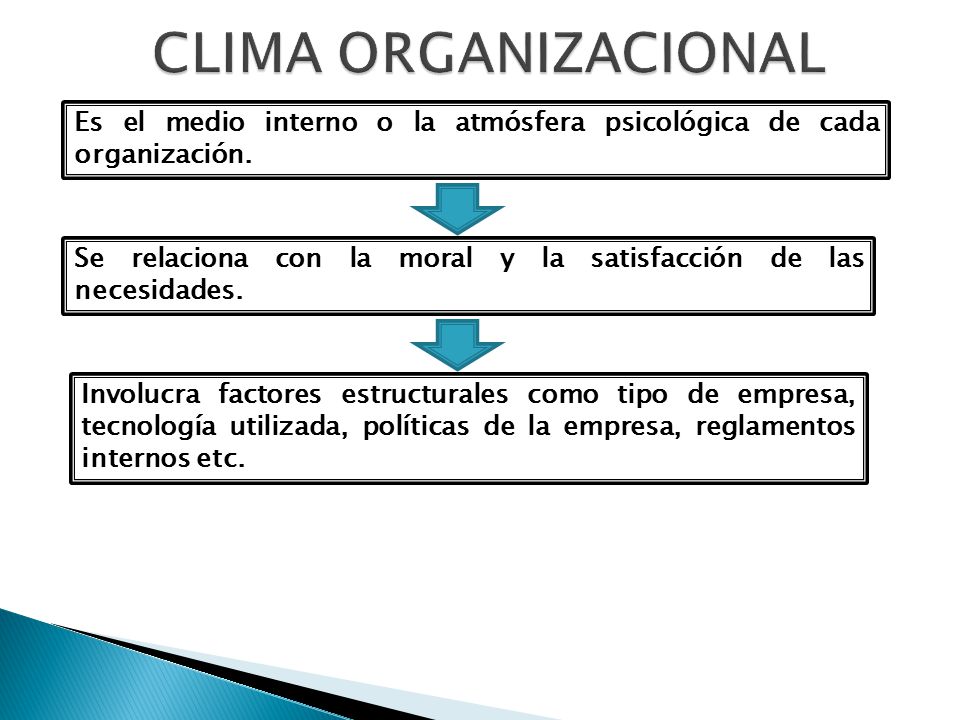 CLIMA ORGANIZACIONAL Es el medio interno o la atmósfera psicológica de cada organización.