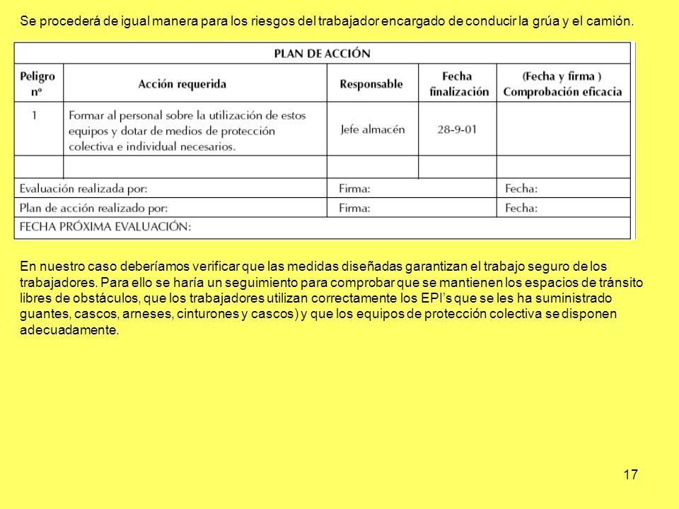 Se procederá de igual manera para los riesgos del trabajador encargado de conducir la grúa y el camión.
