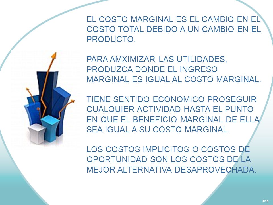 EL COSTO MARGINAL ES EL CAMBIO EN EL COSTO TOTAL DEBIDO A UN CAMBIO EN EL PRODUCTO.