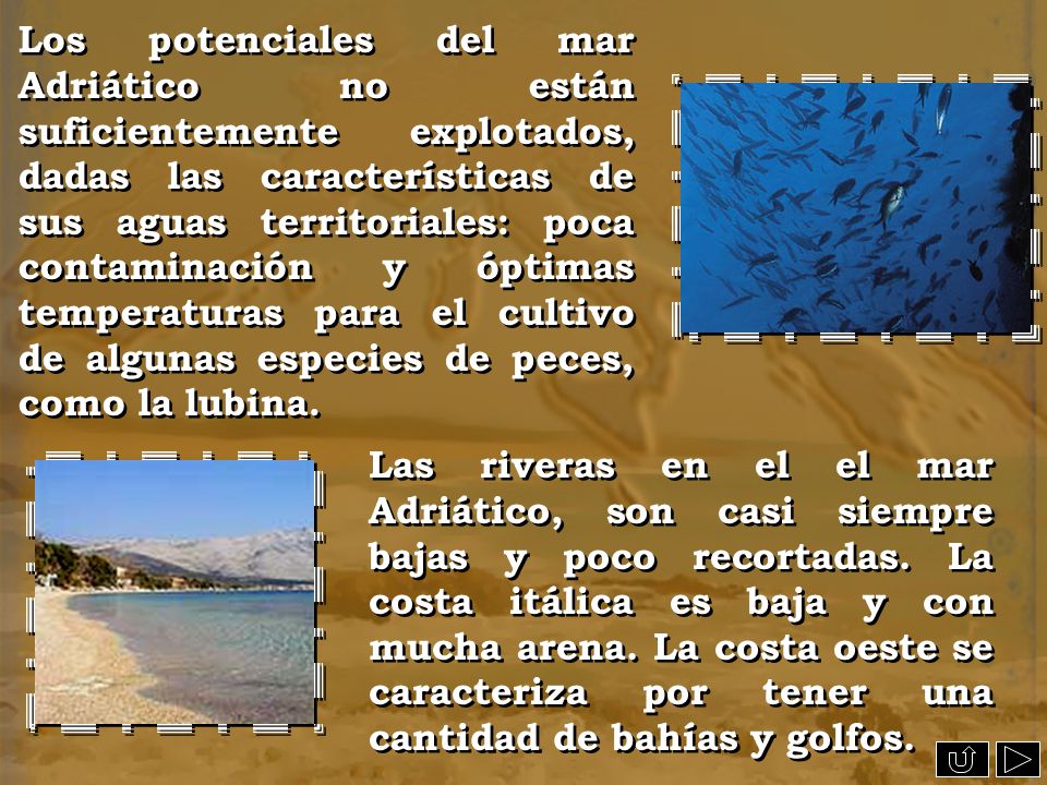 Los potenciales del mar Adriático no están suficientemente explotados, dadas las características de sus aguas territoriales: poca contaminación y óptimas temperaturas para el cultivo de algunas especies de peces, como la lubina.