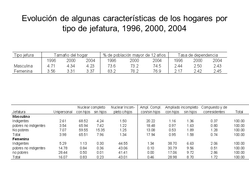 Evolución de algunas características de los hogares por tipo de jefatura, 1996, 2000, 2004