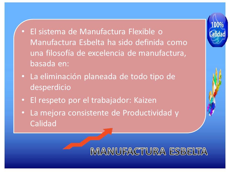 El sistema de Manufactura Flexible o Manufactura Esbelta ha sido definida como una filosofía de excelencia de manufactura, basada en: