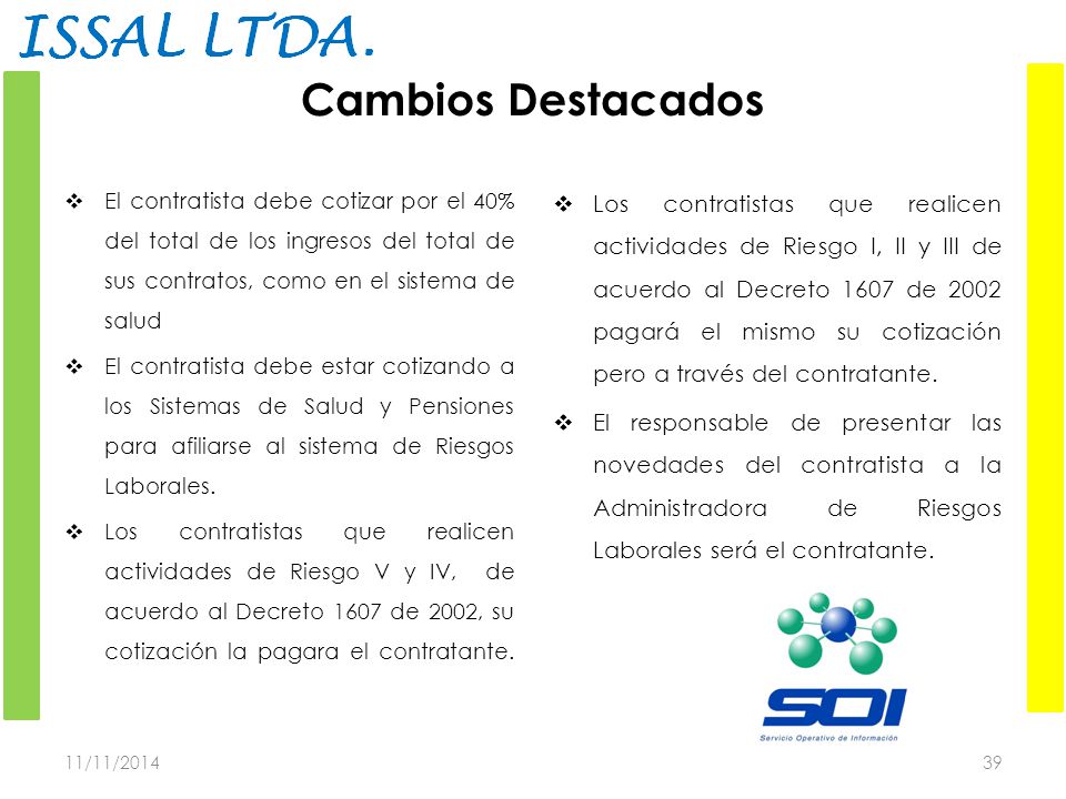 Cambios Destacados El contratista debe cotizar por el 40% del total de los ingresos del total de sus contratos, como en el sistema de salud.