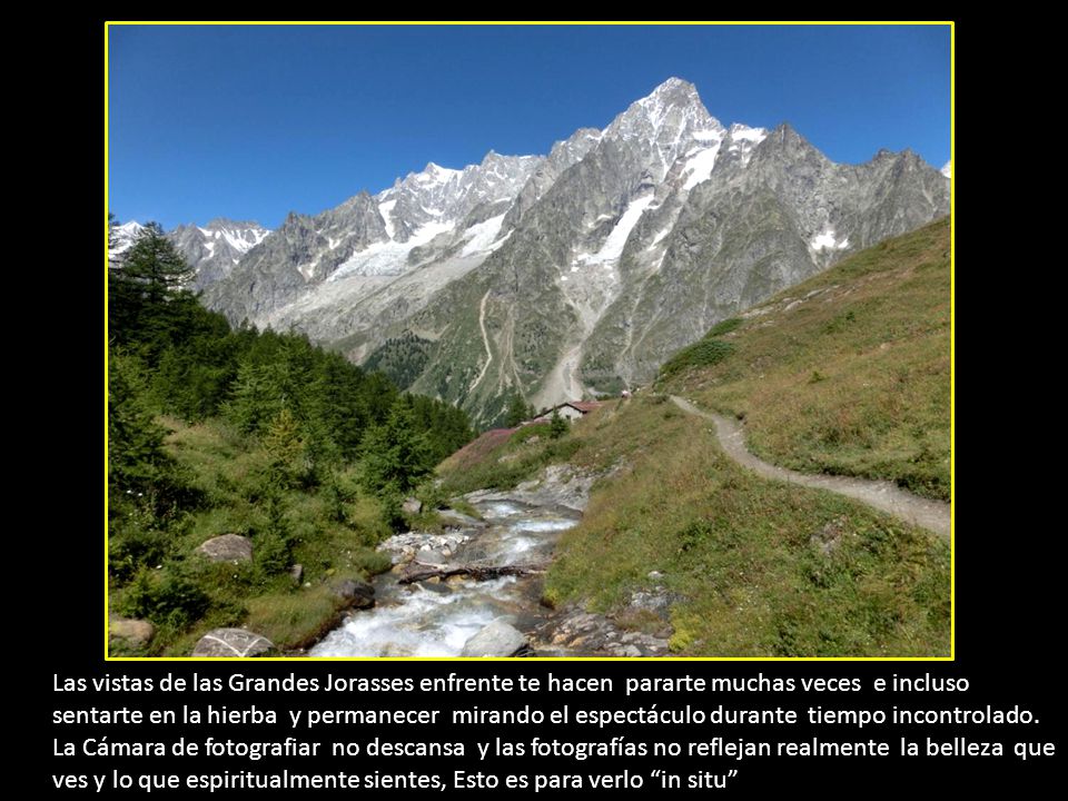 Las vistas de las Grandes Jorasses enfrente te hacen pararte muchas veces e incluso sentarte en la hierba y permanecer mirando el espectáculo durante tiempo incontrolado.