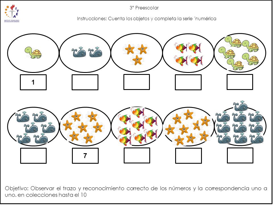 3° Preescolar Instrucciones: Cuenta los objetos y completa la serie ´numérica