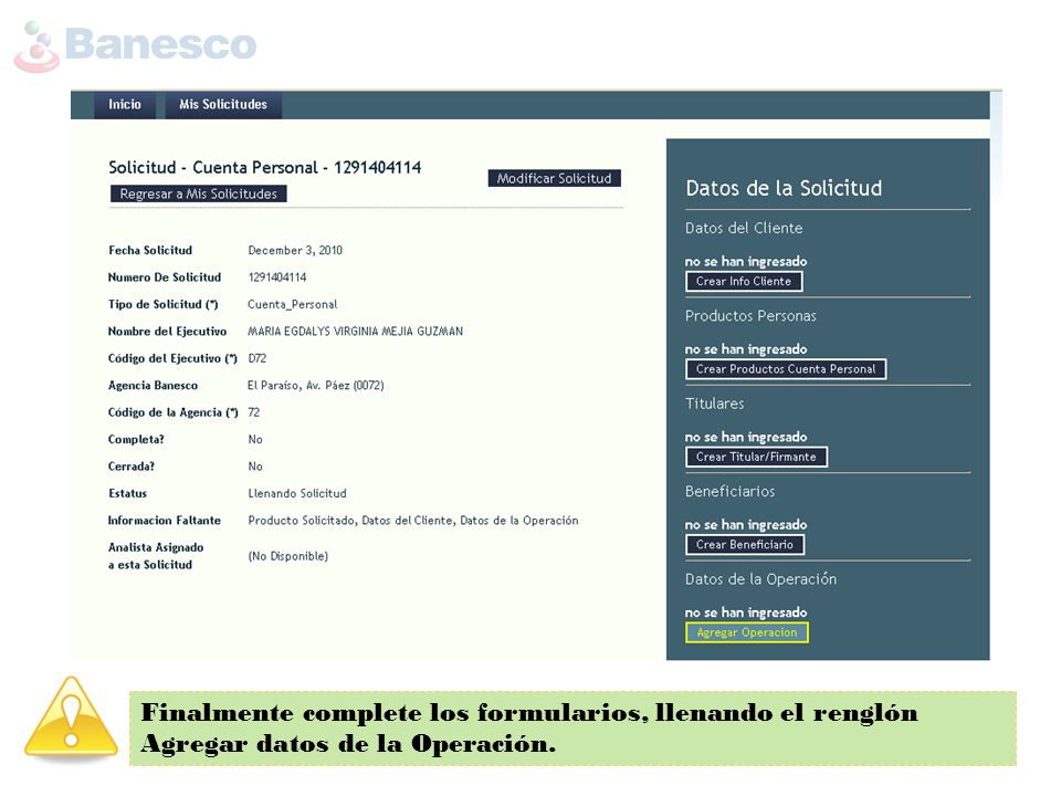 Finalmente complete los formularios, llenando el renglón Agregar datos de la Operación.