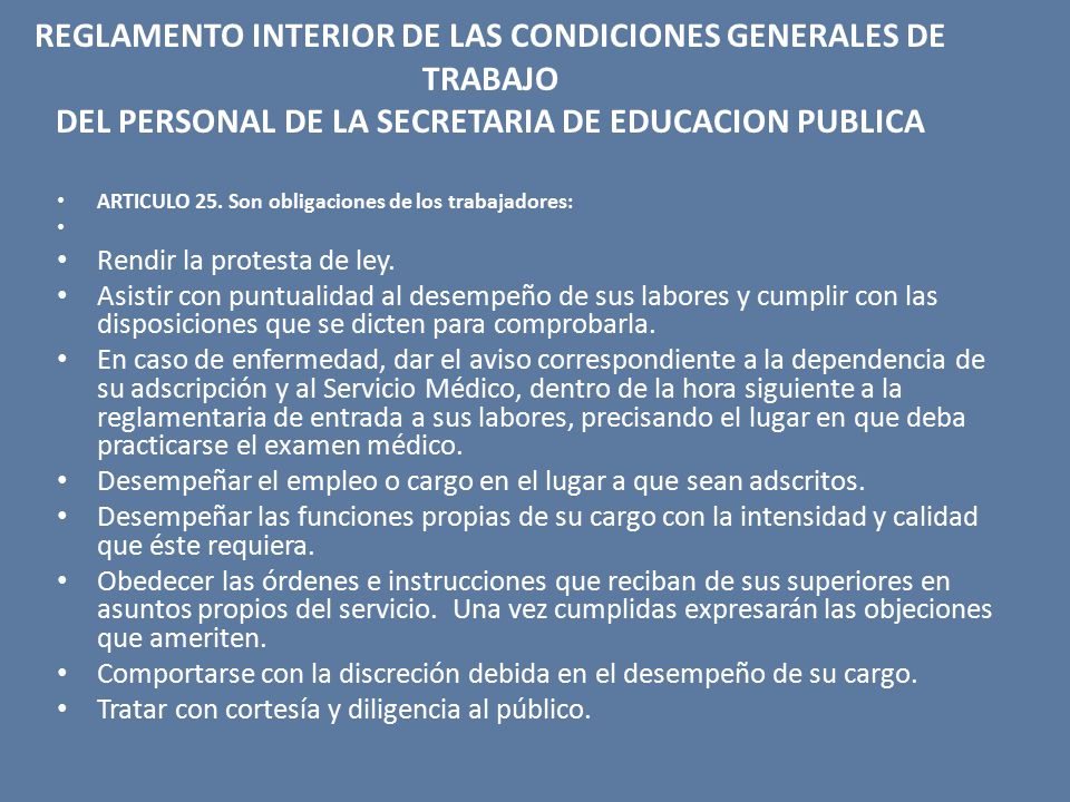 REGLAMENTO INTERIOR DE LAS CONDICIONES GENERALES DE TRABAJO DEL PERSONAL DE LA SECRETARIA DE EDUCACION PUBLICA