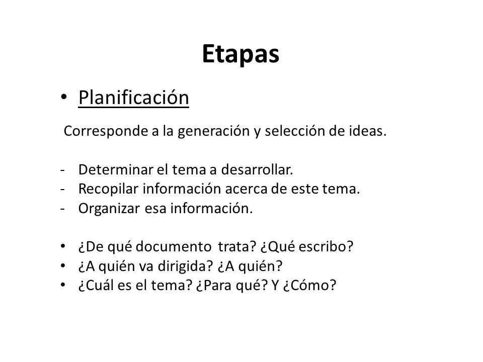 Etapas Planificación Corresponde a la generación y selección de ideas.