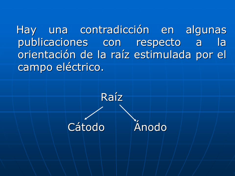 Hay una contradicción en algunas publicaciones con respecto a la orientación de la raíz estimulada por el campo eléctrico.