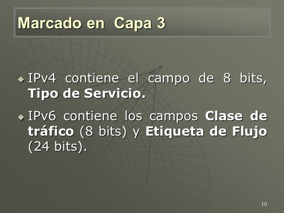 Marcado en Capa 3 IPv4 contiene el campo de 8 bits, Tipo de Servicio.