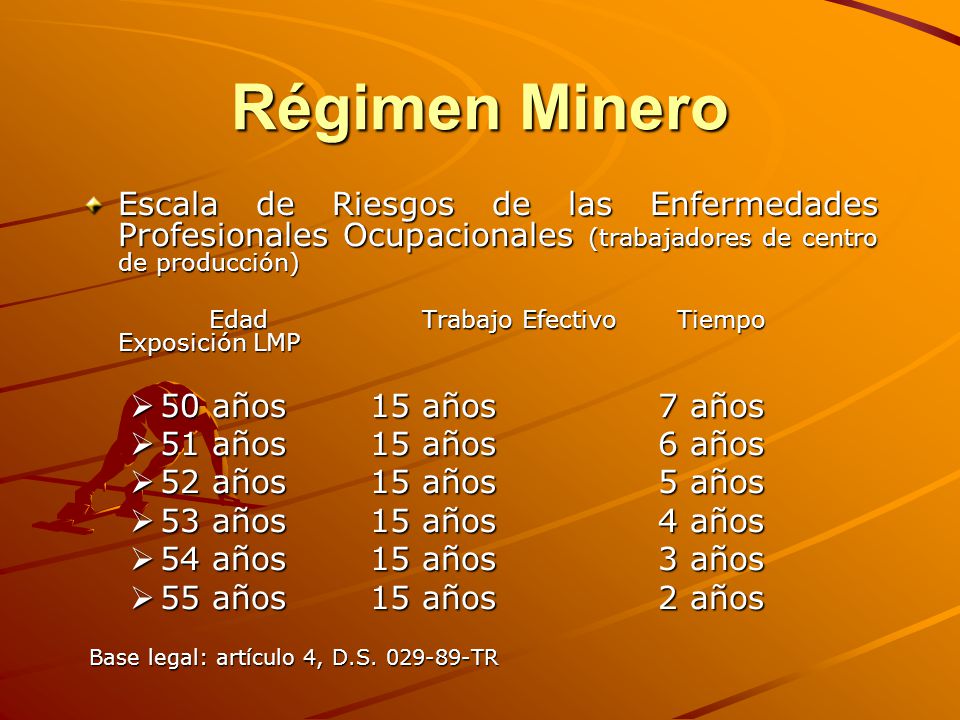Régimen Minero Escala de Riesgos de las Enfermedades Profesionales Ocupacionales (trabajadores de centro de producción)