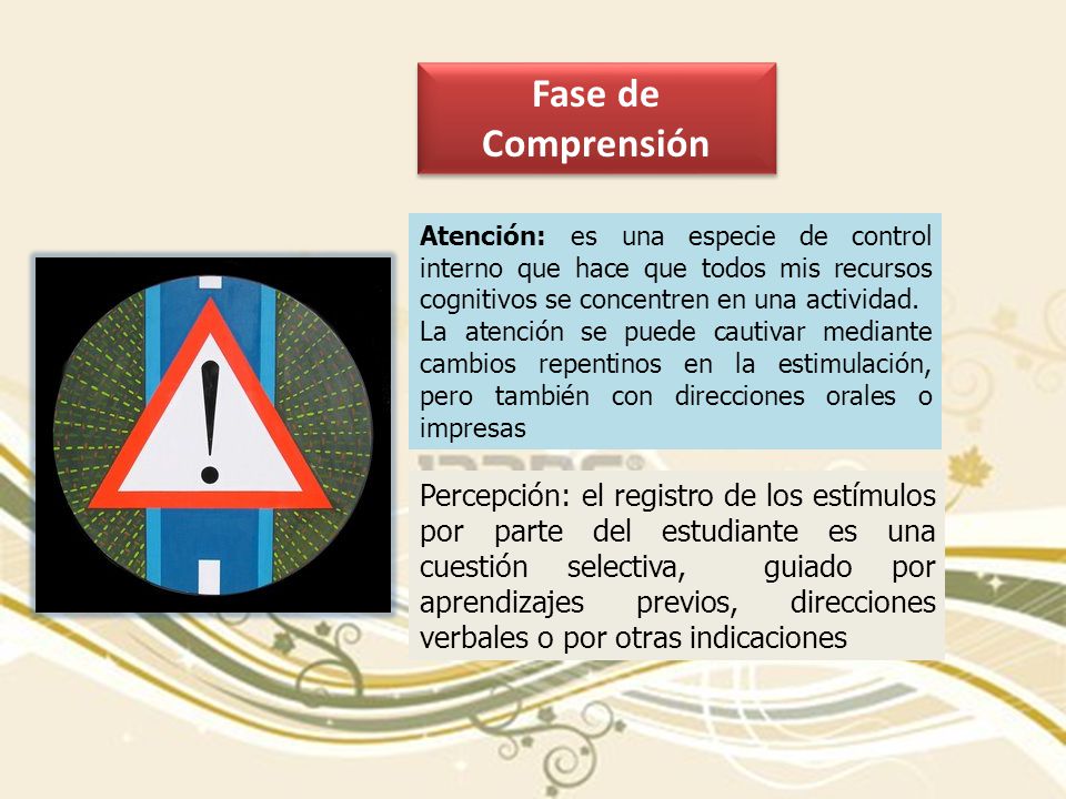Fase de Comprensión Atención: es una especie de control interno que hace que todos mis recursos cognitivos se concentren en una actividad.