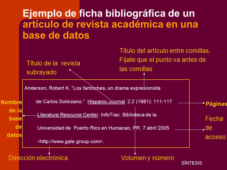 Ejemplo de ficha bibliográfica de un artículo de revista académica en una base de datos