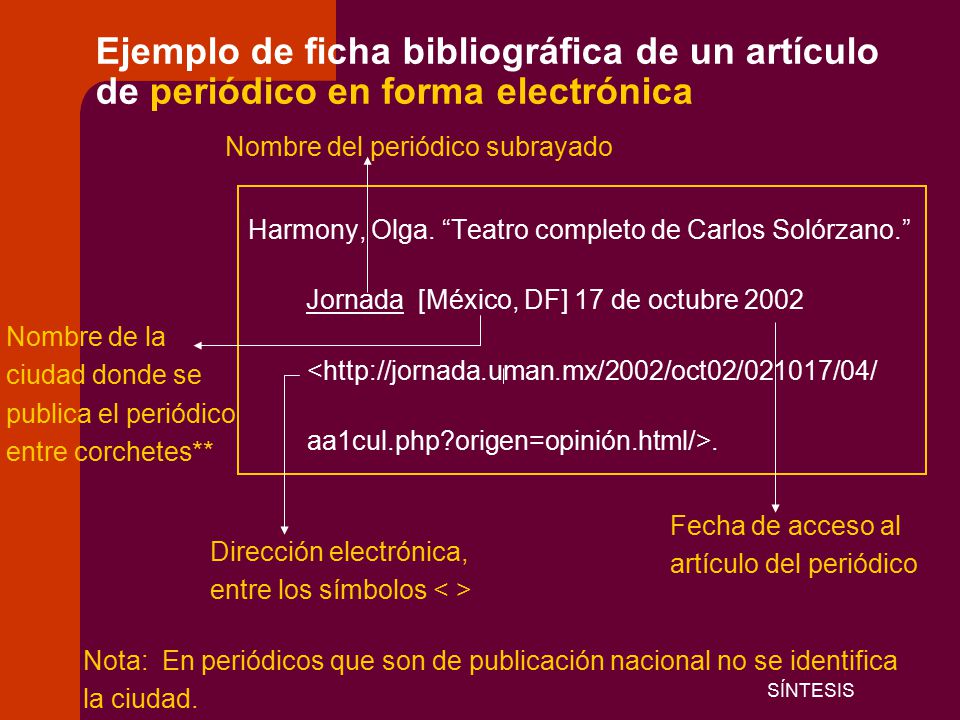 Ejemplo de ficha bibliográfica de un artículo de periódico en forma electrónica