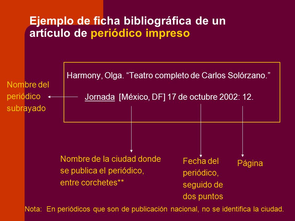 Ejemplo de ficha bibliográfica de un artículo de periódico impreso