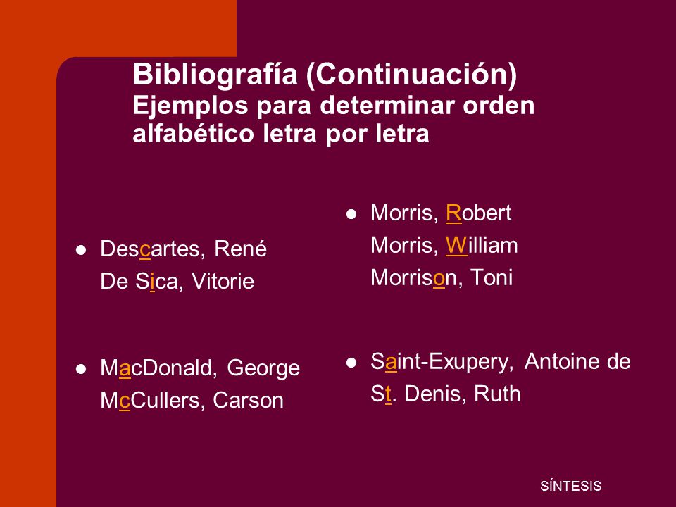 Bibliografía (Continuación) Ejemplos para determinar orden alfabético letra por letra