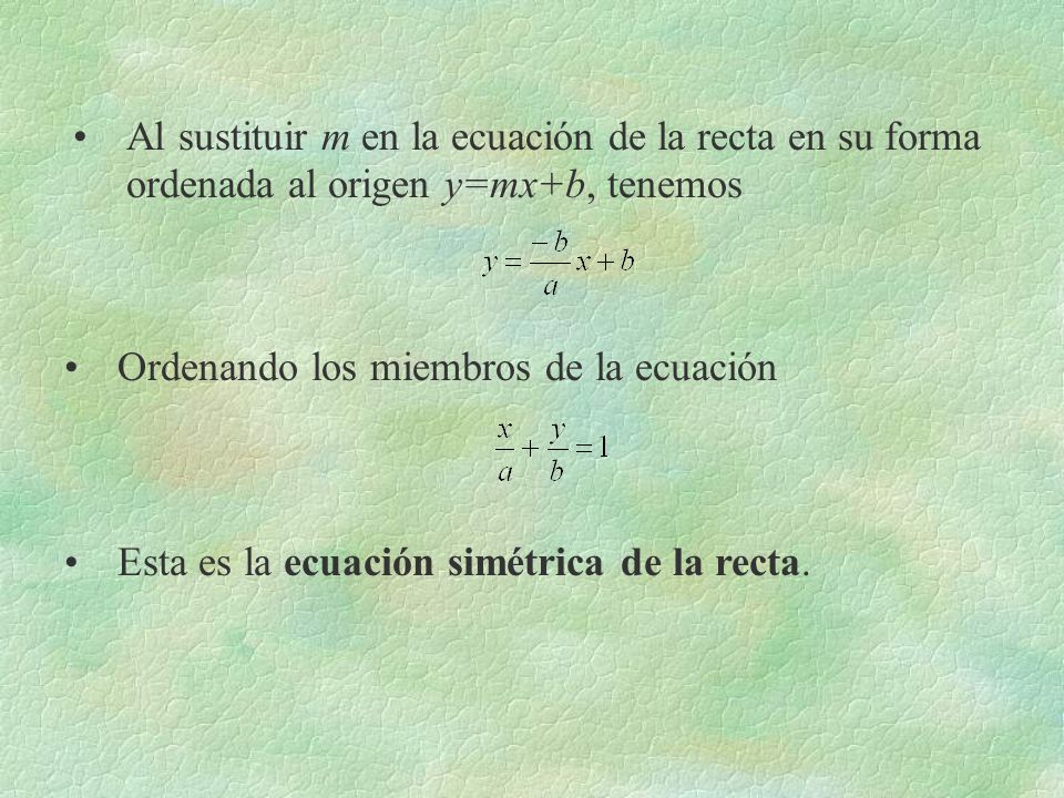 Al sustituir m en la ecuación de la recta en su forma ordenada al origen y=mx+b, tenemos