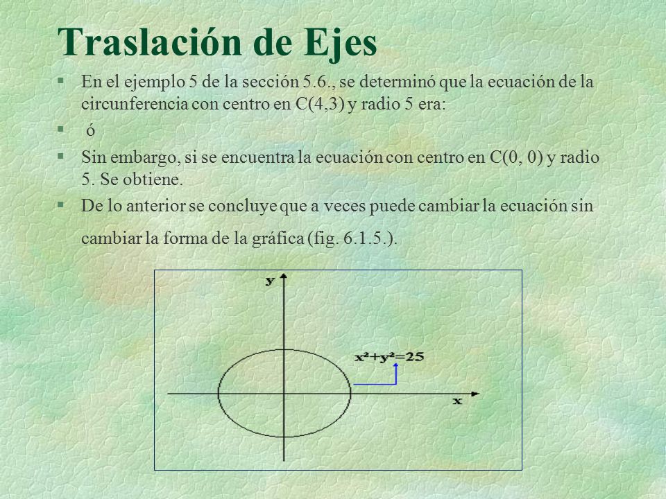 Traslación de Ejes En el ejemplo 5 de la sección 5.6., se determinó que la ecuación de la circunferencia con centro en C(4,3) y radio 5 era: