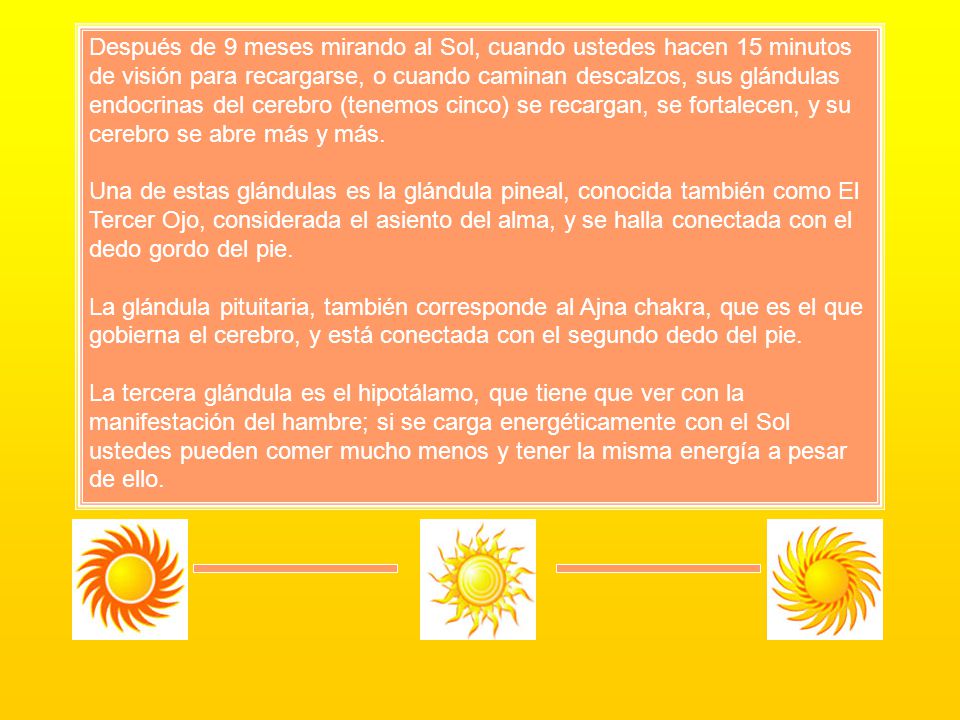 Después de 9 meses mirando al Sol, cuando ustedes hacen 15 minutos de visión para recargarse, o cuando caminan descalzos, sus glándulas endocrinas del cerebro (tenemos cinco) se recargan, se fortalecen, y su