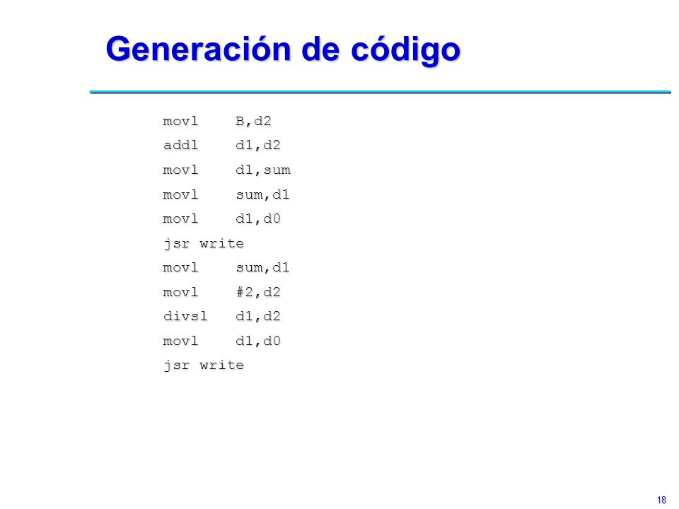 Generación de código movl B,d2 addl d1,d2 movl d1,sum movl sum,d1