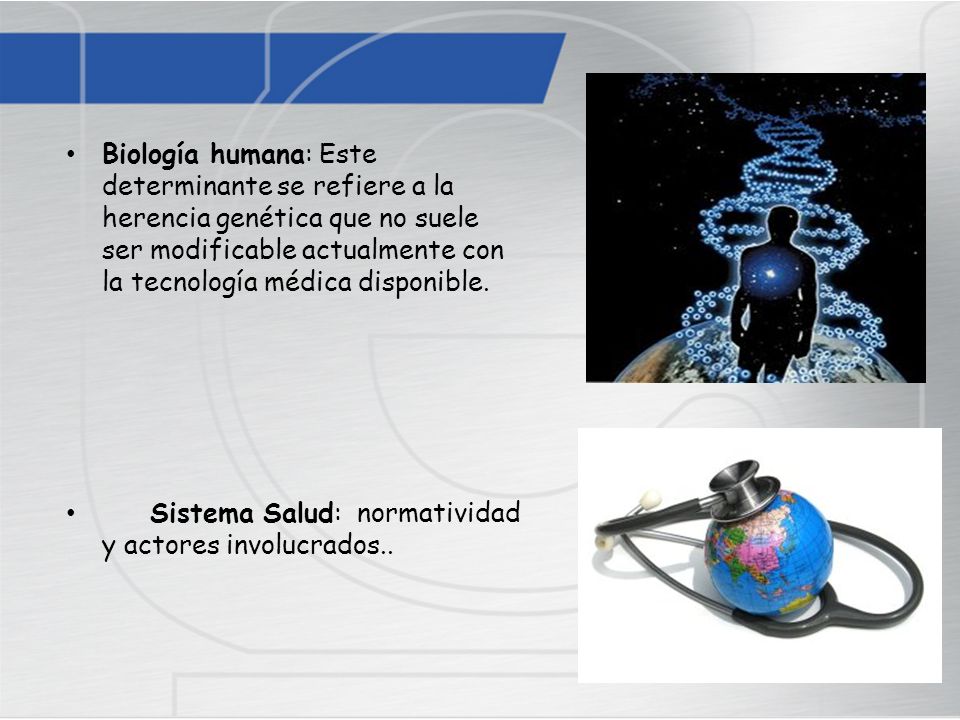 Biología humana: Este determinante se refiere a la herencia genética que no suele ser modificable actualmente con la tecnología médica disponible.