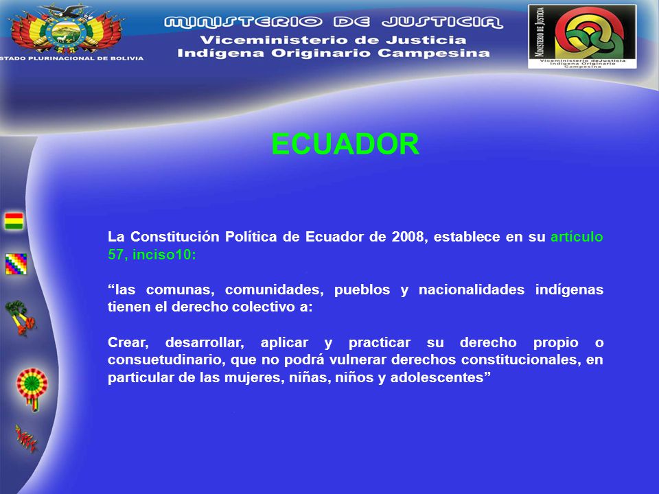 ECUADOR La Constitución Política de Ecuador de 2008, establece en su artículo 57, inciso10: