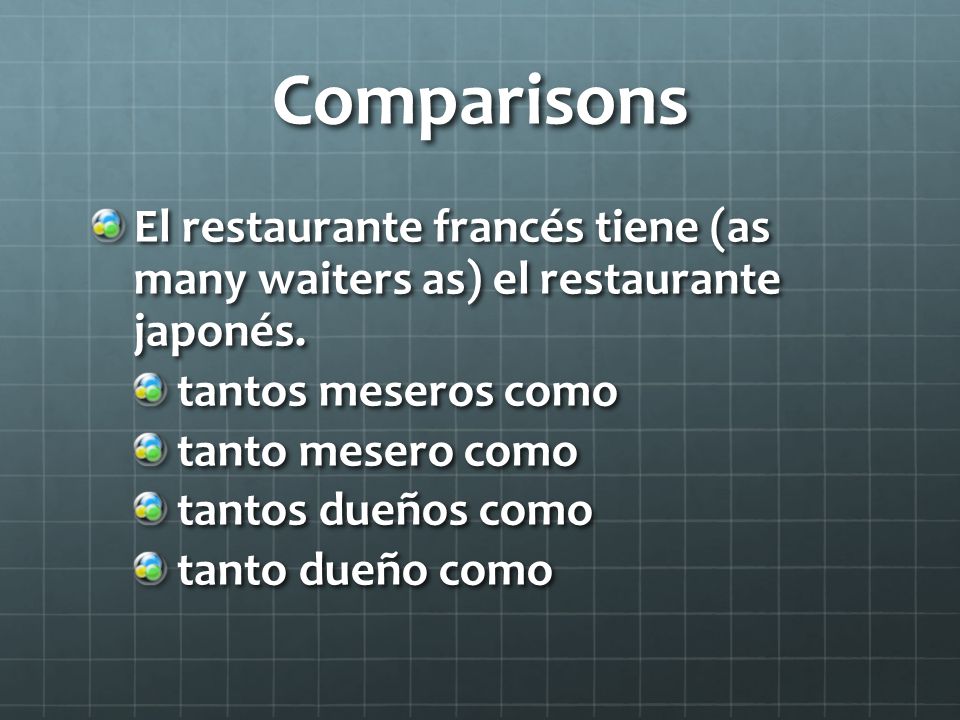 Comparisons El restaurante francés tiene (as many waiters as) el restaurante japonés. tantos meseros como.