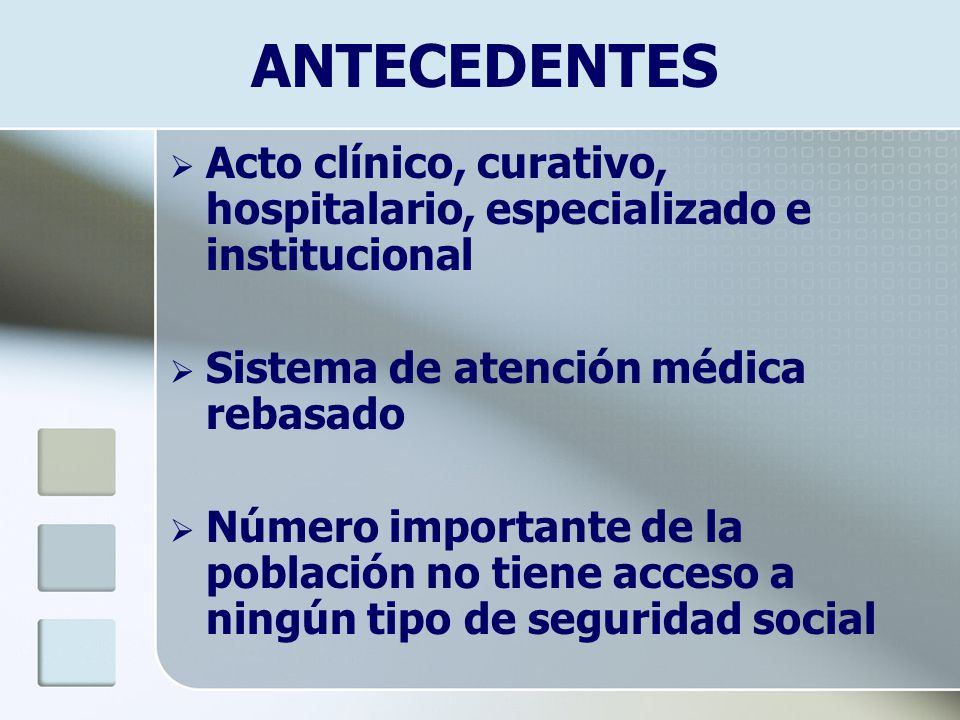 ANTECEDENTES Acto clínico, curativo, hospitalario, especializado e institucional. Sistema de atención médica rebasado.