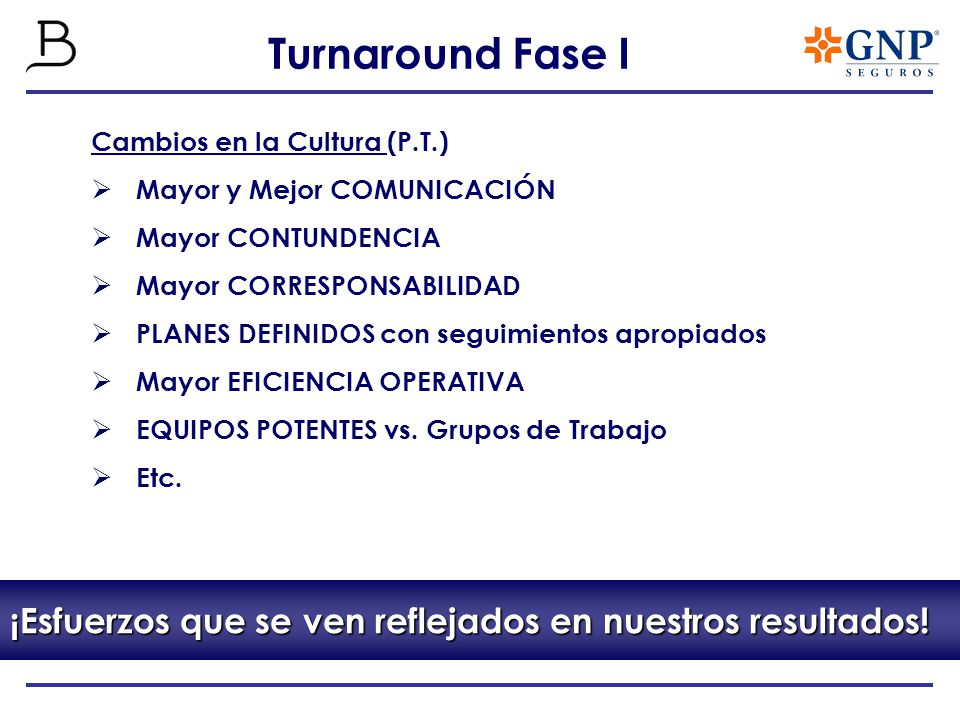 Turnaround Fase I Cambios en la Cultura (P.T.) Mayor y Mejor COMUNICACIÓN. Mayor CONTUNDENCIA. Mayor CORRESPONSABILIDAD.