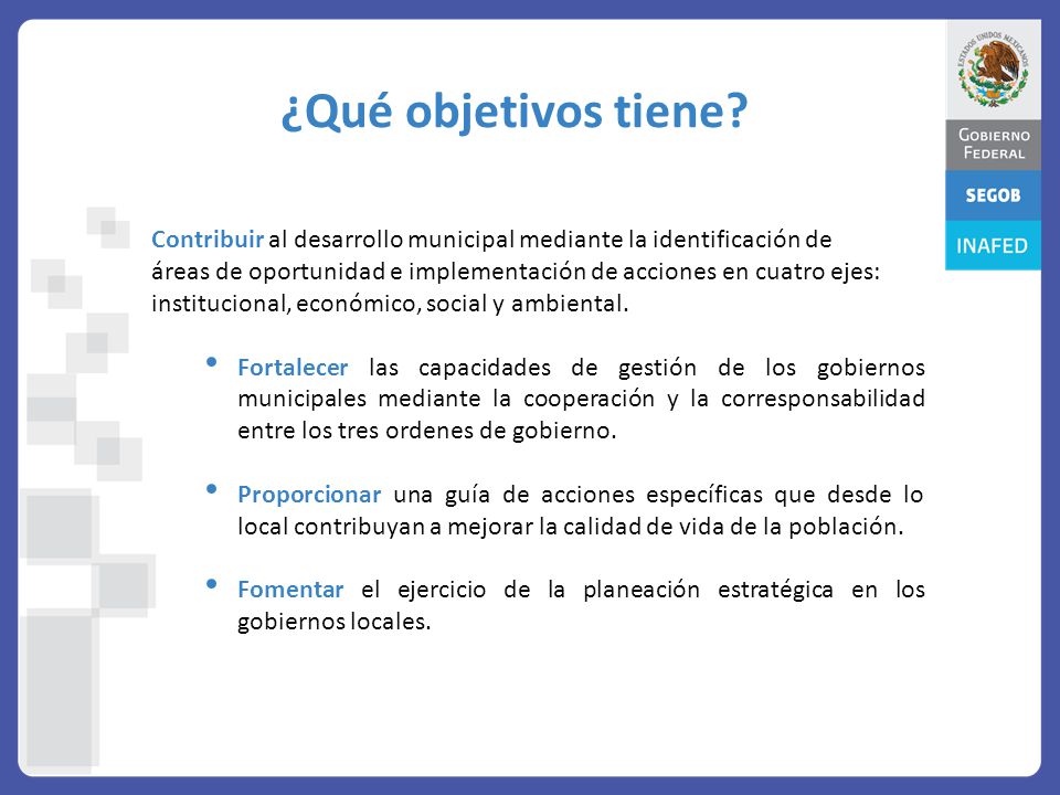 ¿Qué objetivos tiene Contribuir al desarrollo municipal mediante la identificación de.