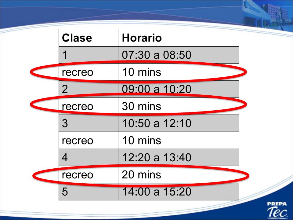 Clase Horario :30 a 08:50. recreo. 10 mins :00 a 10: mins :50 a 12:10.