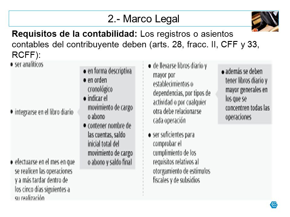2.- Marco Legal Requisitos de la contabilidad: Los registros o asientos contables del contribuyente deben (arts.