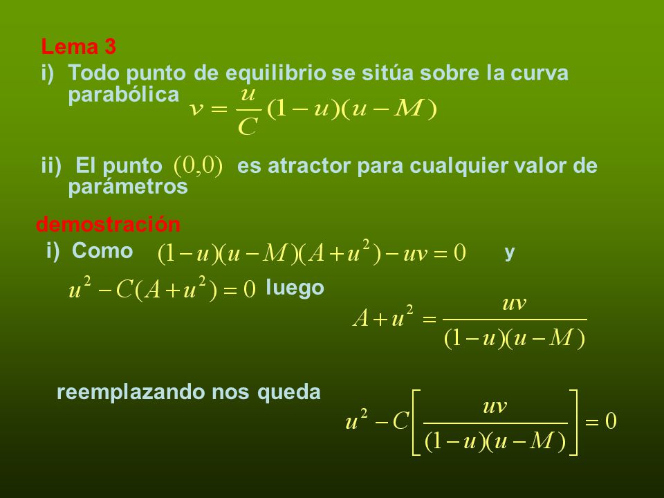 Lema 3 Todo punto de equilibrio se sitúa sobre la curva parabólica. ii) El punto es atractor para cualquier valor de parámetros.