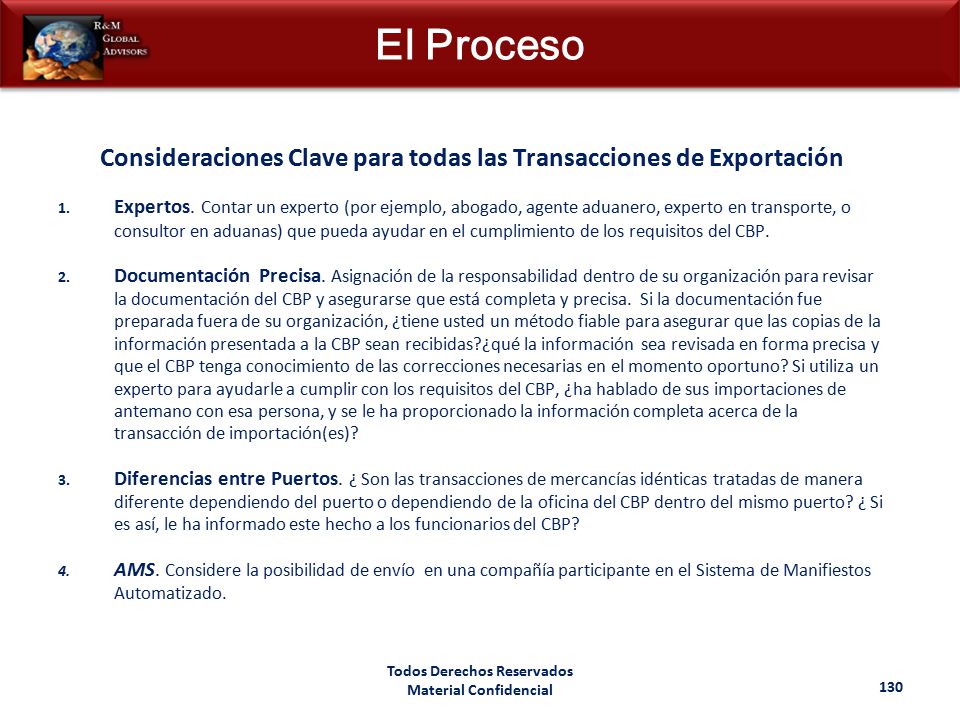 El Proceso Consideraciones Clave para todas las Transacciones de Exportación.